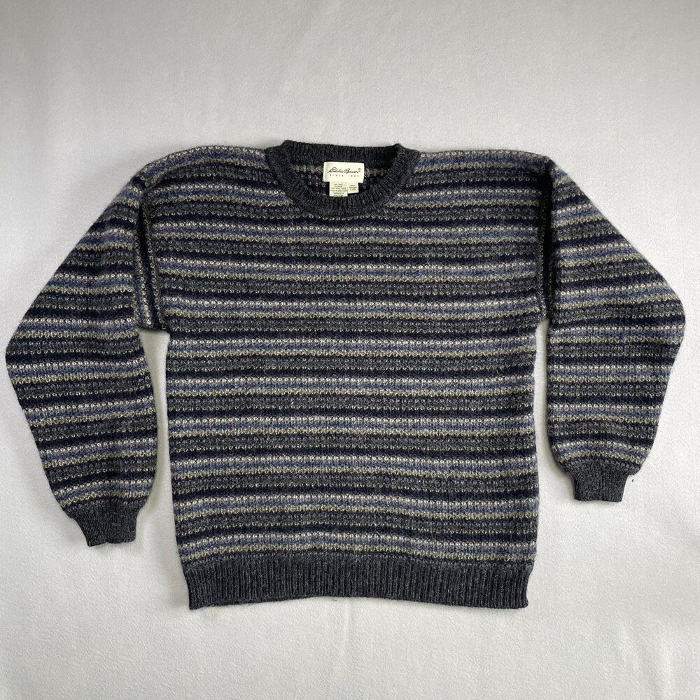 Vintage Eddie Bauer Sweater L Grey Stripe Heavy Wool Chunky Pullover Grandpacore